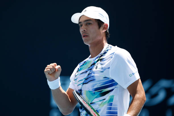 Mackenzie McDonald of the United States reacts in their round one singles match against Brandon Nakashima of the United States during day one of the...