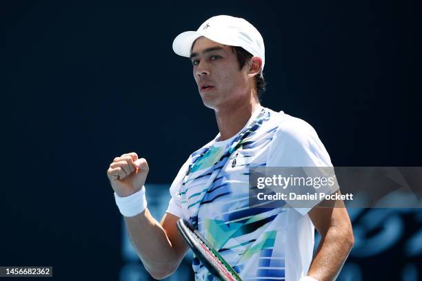 Mackenzie McDonald of the United States reacts in their round one singles match against Brandon Nakashima of the United States during day one of the...