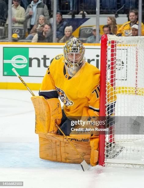 Juuse Saros of the Nashville Predators tends net against the Buffalo Sabres during an NHL game at Bridgestone Arena on January 14, 2023 in Nashville,...