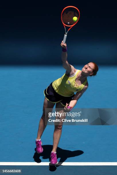 Alison Van Uytvanck of Belgium serves in their round one singles match against Petra Kvitova of the Czech Republic during day one of the 2023...