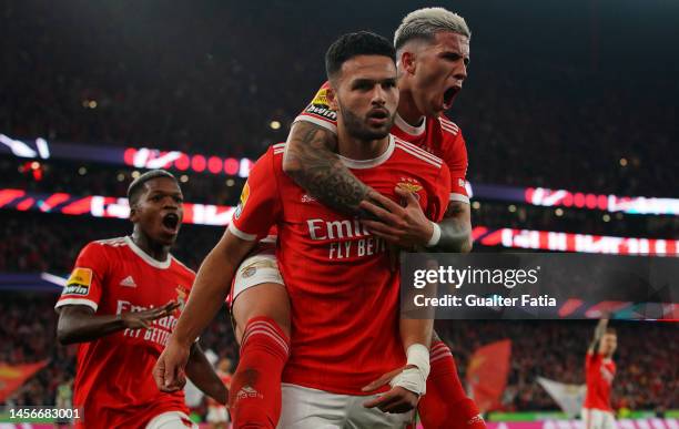 Goncalo Ramos of SL Benfica celebrates after scoring a goal during the Liga Portugal Bwin match between SL Benfica and Sporting CP at Estadio da Luz...