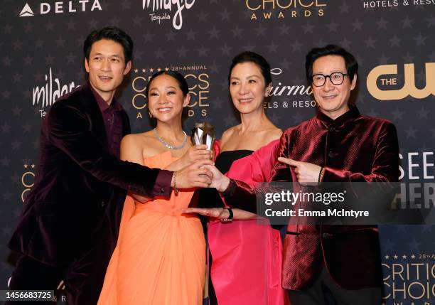 Harry Shum Jr., Stephanie Hsu, Michelle Yeoh and Ke Huy Quan, winners of the Best Film award for "Everything Everywhere All at Once", pose in the...