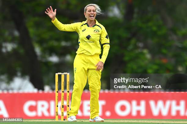 Ashleigh Gardner of Australia celebrates dismissing Bismah Maroof of Pakistan during game one of the Women's One Day International series between...