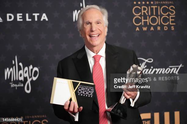 Henry Winkler, winner of the Best Supporting Actor in a Comedy Series award for "Barry", poses in the press room at the 28th Annual Critics Choice...