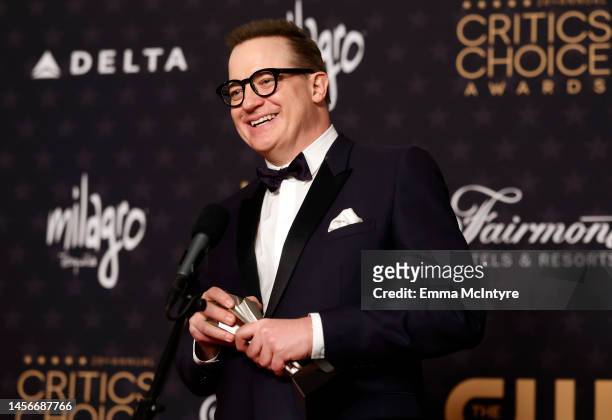 Brendan Fraser, winner of the Best Actor award for "The Whale", poses in the press room during the 28th Annual Critics Choice Awards at Fairmont...
