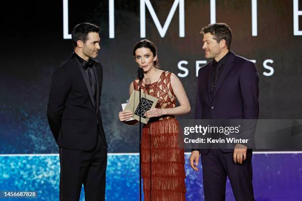 Tyler Hoechlin, Elizabeth Tulloch, and Misha Collins speak onstage during the 28th Annual Critics Choice Awards at Fairmont Century Plaza on January...