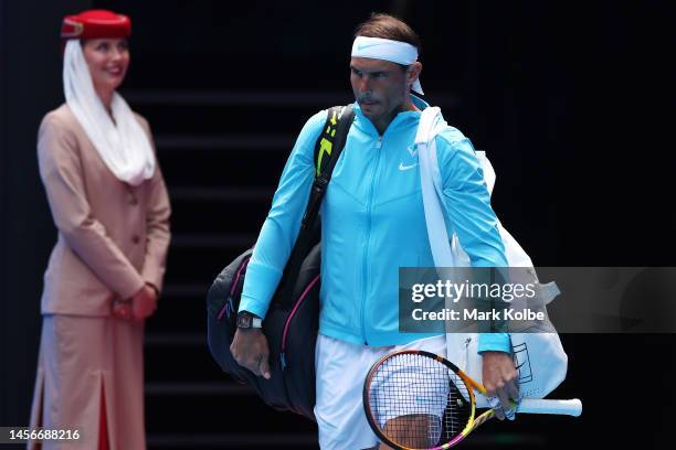 Rafael Nadal of Spain walks onto Rod Laver Arena ahead of their round one singles match against Jack Draper of Great Britain during day one of the...