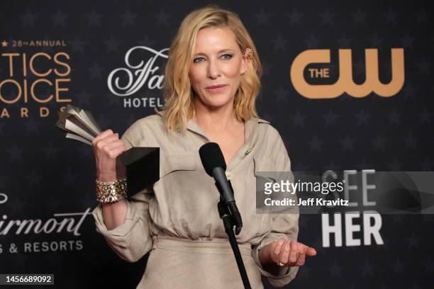 Cate Blanchett, winner of the Best Actress award for "Tár", poses in the press room at the 28th Annual Critics Choice Awards at Fairmont Century...