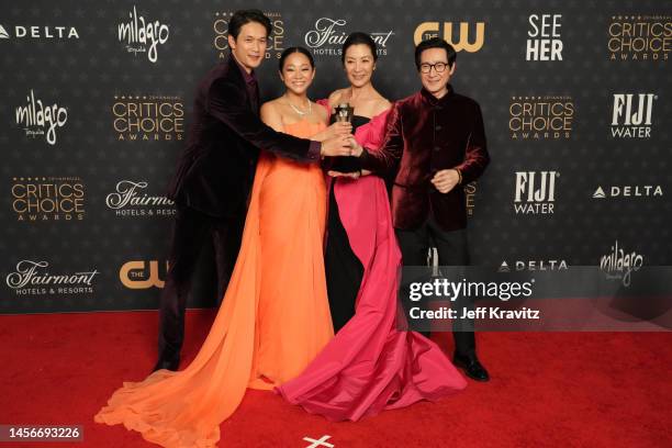 Harry Shum Jr., Stephanie Hsu, Michelle Yeoh, and Ke Huy Quan, winners of Best Picture award for "Everything Everywhere All at Once", pose in the...