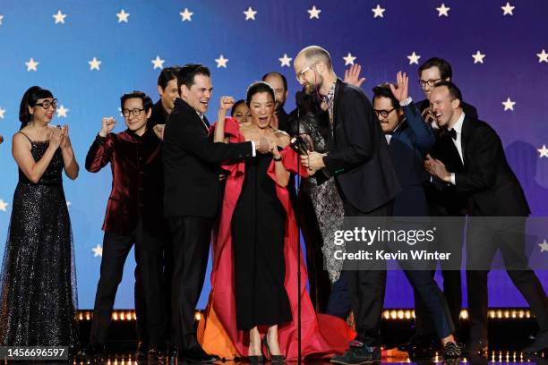 Shirley Kurata, Ke Huy Quan, Harry Shum Jr., Jonathan Wang, Michelle Yeoh, Daniel Scheinert, Daniel Kwan, Zak Stoltz, and Jon Read accept the Best...