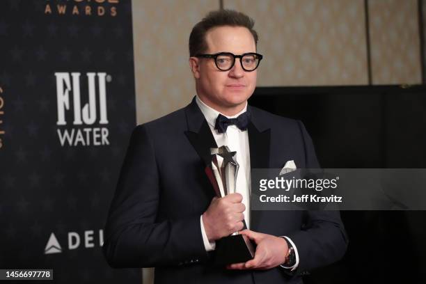 Brendan Fraser, winner of the Best Actor award for "The Whale", poses in the press room at the 28th Annual Critics Choice Awards at Fairmont Century...