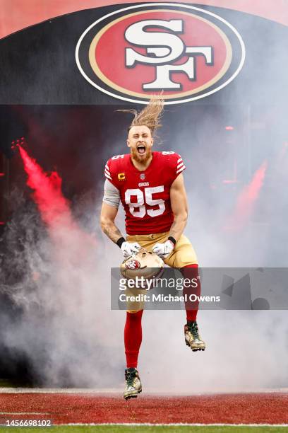 George Kittle of the San Francisco 49ers reacts as he takes the field prior to an NFL football game between the San Francisco 49ers and the Seattle...