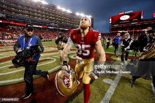 George Kittle of the San Francisco 49ers celebrates after defeating the Seattle Seahawks following an NFL football game between the San Francisco...