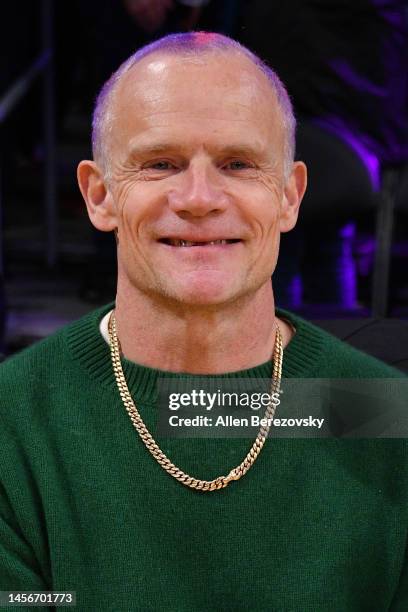 Musician Flea of Red Hot Chili Peppers attends a basketball game between the Los Angeles Lakers and the Philadelphia 76ers at Crypto.com Arena on...