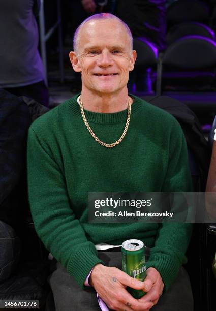 Musician Flea of Red Hot Chili Peppers attends a basketball game between the Los Angeles Lakers and the Philadelphia 76ers at Crypto.com Arena on...