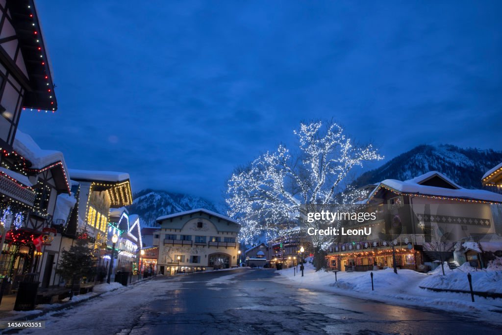 Blue hour in Town of Leavenworth in winter, Washington, USA