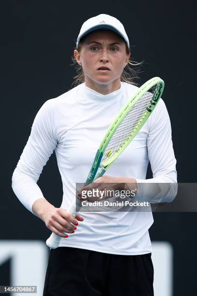 Aliaksandra Sasnovich looks on in their round one singles match against Brenda Fruhvirtova of the Czech Republic during day one of the 2023...