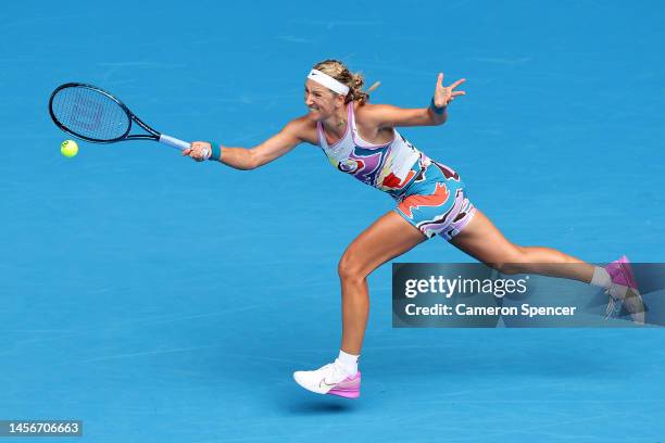 Victoria Azarenka plays a forehand in their round one singles match against Sofia Kenin of the United States during day one of the 2023 Australian...