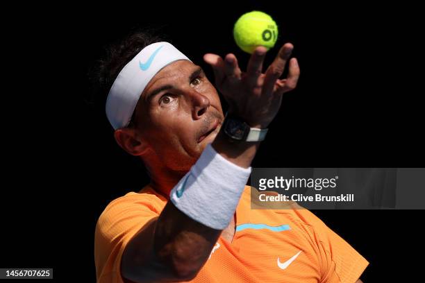 Rafael Nadal of Spain serves in their round one singles match against Jack Draper of Great Britain during day one of the 2023 Australian Open at...