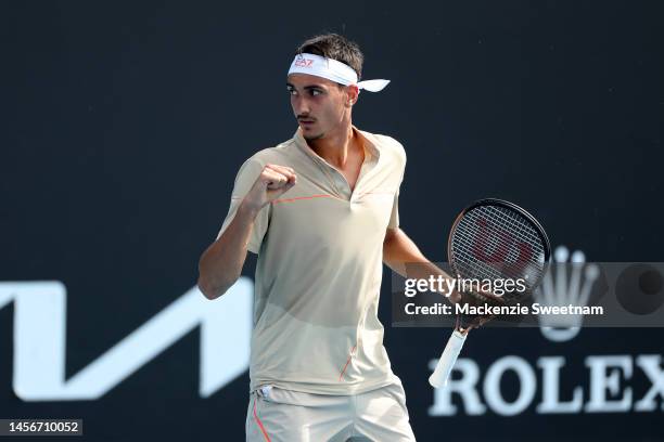Lorenzo Sonego of Italy reacts in their round one singles match against Nuno Borges of Portugal during day one of the 2023 Australian Open at...