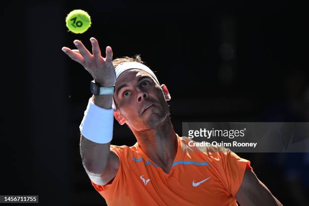Rafael Nadal of Spain serves in their round one singles match against Jack Draper of Great Britain during day one of the 2023 Australian Open at...