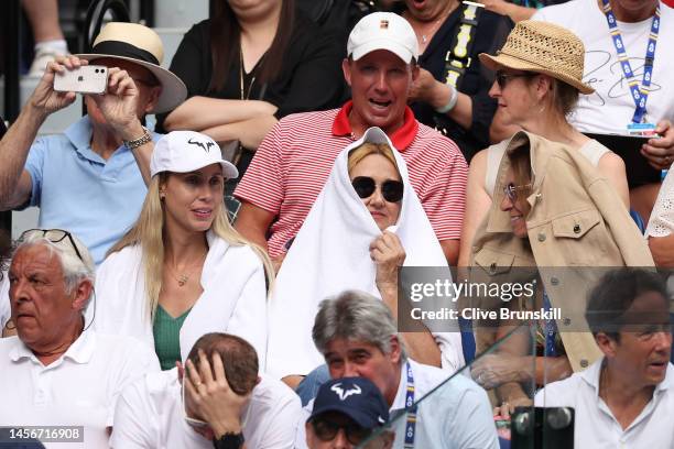 María Isabel Nadal and Ana Maria Parera watch the round one singles match between Rafael Nadal of Spain and Jack Draper of Great Britain on Rod Laver...