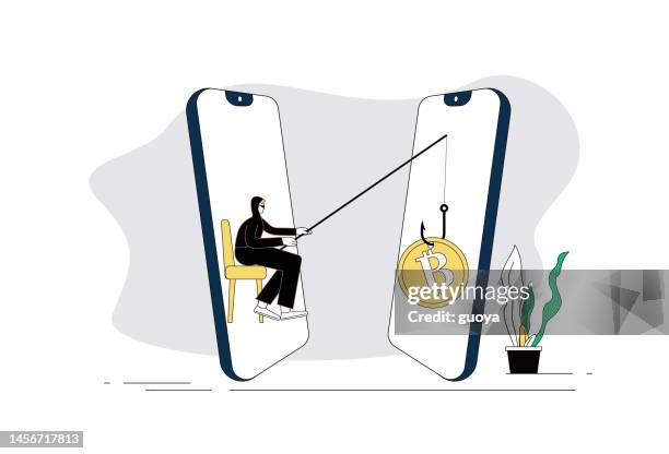 thief, fishhook, mobile phone, bitcoin. - banking malware stock illustrations