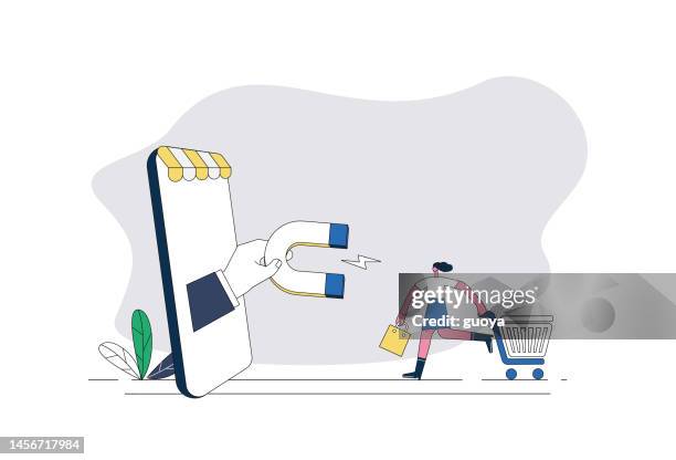 magnets, mobile phones, shopping carts. - customer retention stock illustrations