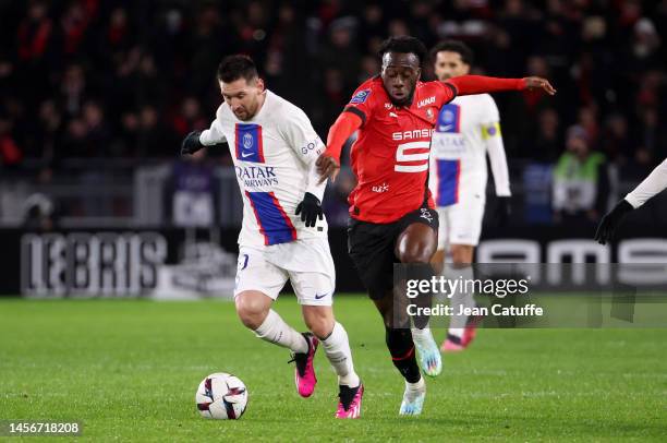 Lionel Messi of PSG, Arnaud Kalimuendo of Rennes during the Ligue 1 match between Stade Rennais and Paris Saint-Germain at Roazhon Park stadium on...