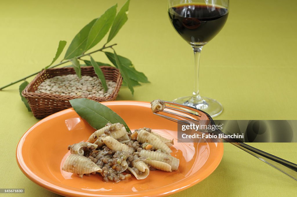 Shell pasta with stewed lentils