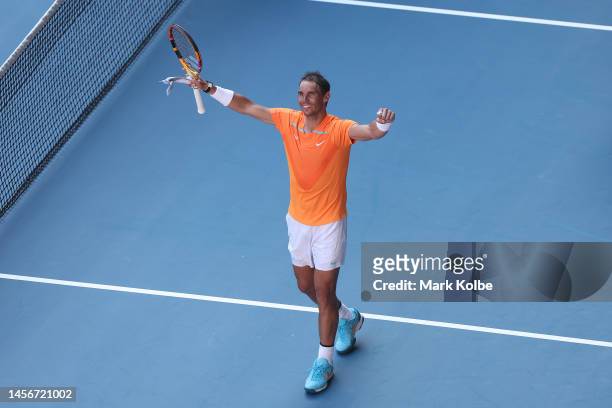 Rafael Nadal of Spain celebrates match point in their round one singles match against Jack Draper of Great Britain during day one of the 2023...
