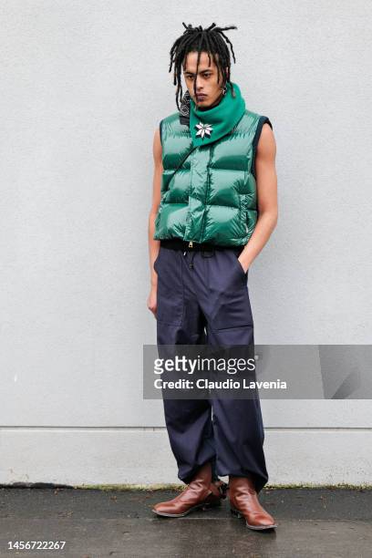 Axel Masse Navette is seen wearing a green sleeveless puffer down jacket outside the Etro show during the Milan Menswear Fall/Winter 2023/2024 on...