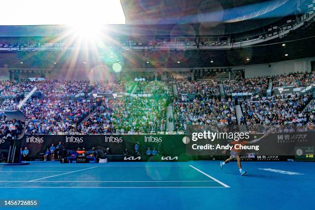 Rafael Nadal of Spain lunges to play a forehand in their round one singles match against Jack Draper of Great Britain during day one of the 2023...