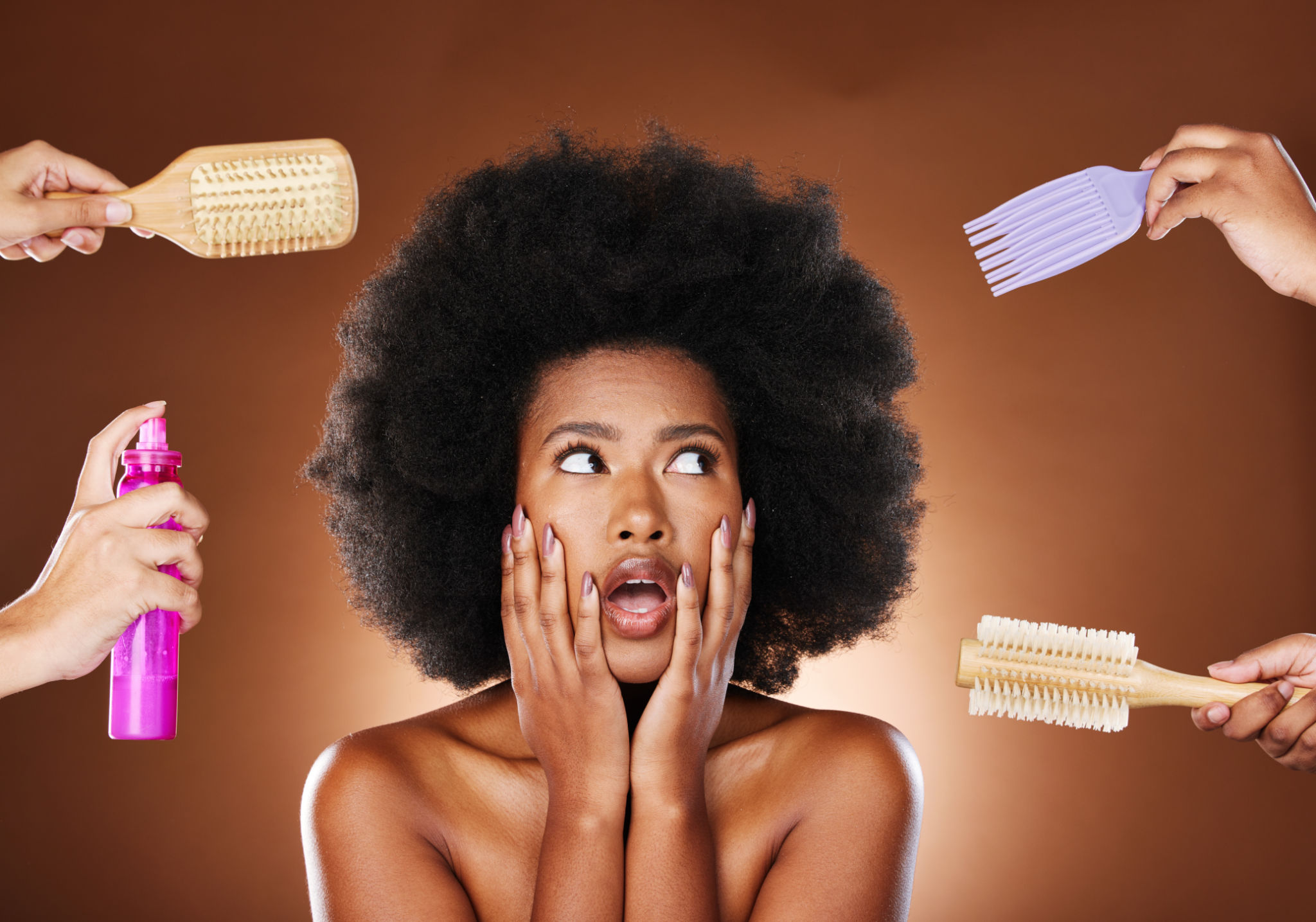 Black woman thinking of hair care, tools for natural afro and decision making of beauty products. Shocked african girl with choices, salon brushes and hairspray in studio with dark brown background Black woman thinking of hair care, tools for natural afro and decision making of beauty products. Shocked african girl with choices, salon brushes and hairspray in studio with dark brown background