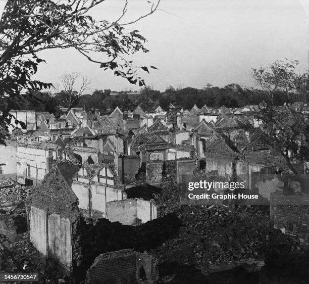 Ruined properties, destroyed during the Boxer Rebellion, as seen from the South Gate in Beijing, China, 1900. Also known as the Boxer Uprising or the...