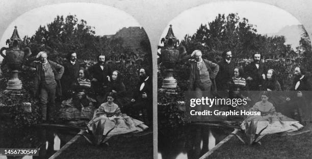 Stereoscopic image showing family and friends of French writer Victor Hugo in the grounds of Hauteville House in Saint Peter Port, Guernsey, circa...