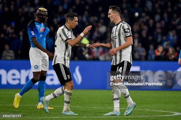 Angel Di Maria of Juventus FC celebrates with Arkadiusz Milik after scoring the goal of 2-1 for his side during the Serie A football match between...