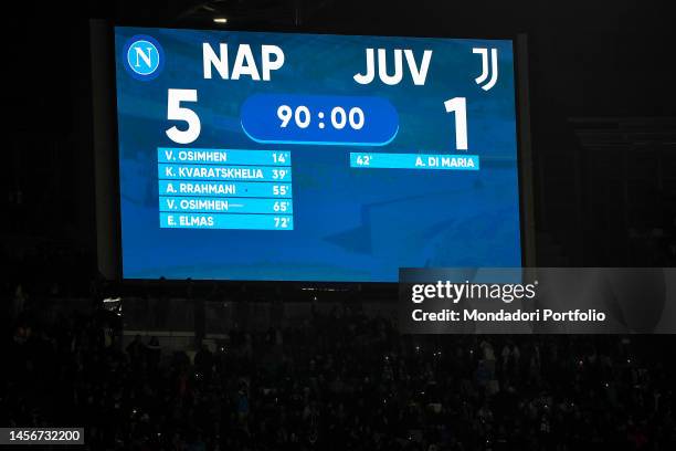 The scoreboard reads the result of 5-1 at the end of the Serie A football match between SSC Napoli and Juventus FC at Diego Armando Maradona stadium....