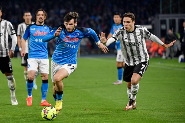 Khvicha Kvaratskhelia of SSC Napoli and Federico Chiesa of Juventus FC during the Serie A football match between SSC Napoli and Juventus FC at Diego...