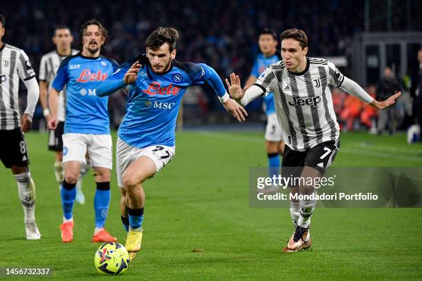 Khvicha Kvaratskhelia of SSC Napoli and Federico Chiesa of Juventus FC during the Serie A football match between SSC Napoli and Juventus FC at Diego...