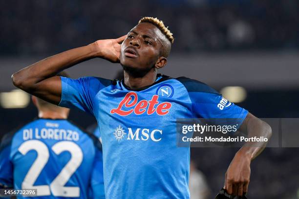 Victor Osimhen of SSC Napoli celebrates after scoring the goal of 1-0 during the Serie A football match between SSC Napoli and Juventus FC at Diego...