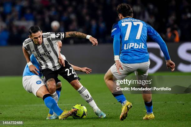 Stanislav Lobotka of SSC Napoli, Angel Di Maria of Juventus FC and Khvicha Kvaratskhelia of SSC Napoli compete for the ball during the Serie A...