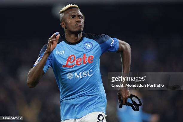 Victor Osimhen of SSC Napoli celebrates after scoring the goal of 4-1 during the Serie A football match between SSC Napoli and Juventus FC at Diego...
