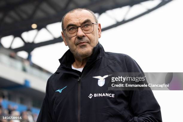 Maurizio Sarri, Manager of SS Lazio looks on during the Serie A match between US Sassuolo and SS Lazio at Mapei Stadium - Citta' del Tricolore on...