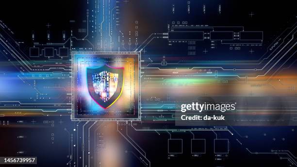 hardware security concept. digital shield firewall with central computer processor and futuristic circuit board - antivirus software bildbanksfoton och bilder