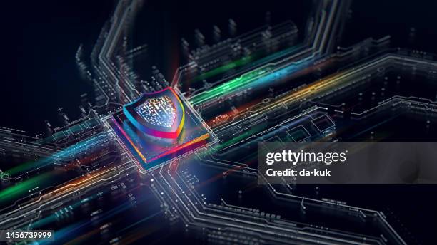 hardware security concept. digital shield firewall with central computer processor and futuristic circuit board - beveiligingssysteem stockfoto's en -beelden