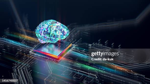 artificial intelligence concept. futuristic circuit board technology background with central computer processors and brain symbol - imitatie stockfoto's en -beelden