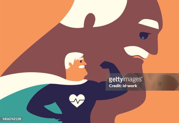 senior super hero flexing arm beside sad man - elderly exercising stock illustrations