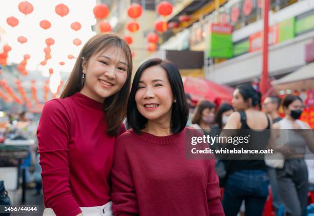 中国の旧正月のランタンフェスティバルで携帯電話を使用するアジアの母と娘の旅行者のポートレート。 - cap go meh ストックフォトと画像