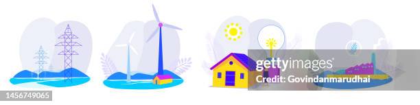 electricity generation source types. energy mix solar, water, fossil, wind, coal, gas, geothermal and biomass. renewable power plants station resources. - clean coal stock illustrations